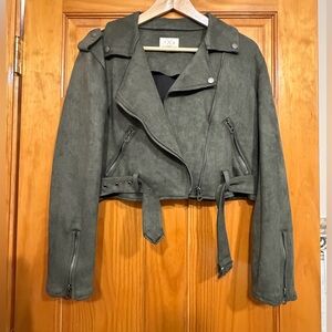 TxS Moto Faux Suede Olive Green Women's Jacket - Size Small